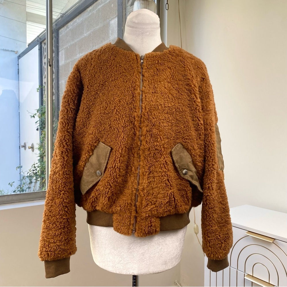 Easel Los Angeles Schnauzer Embroidered Teddy Bomber Jacket Camel, Size S NWT - Picture 2 of 12